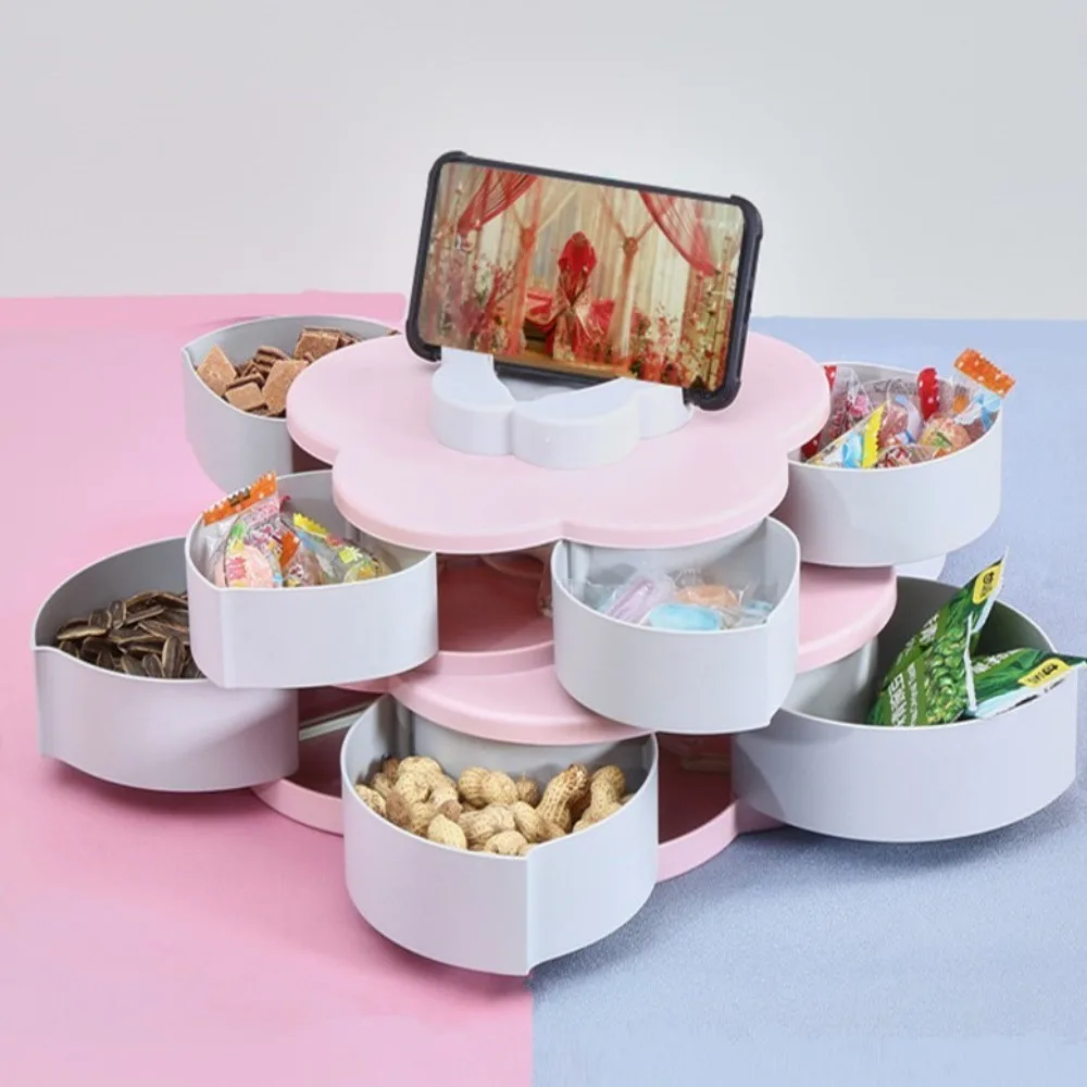 2-layer Rotating Petal Candy Box with Phone Holder Dust-proof Snack Tray Plastic Jewelry Organizer Entertain
