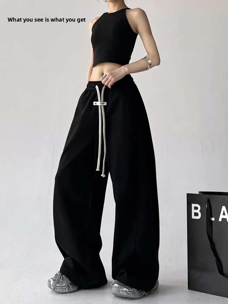 

High Waist Wide Leg Pants Women's Sports Casual Trousers Banana Pants Drawstring Loose Fit Autumn New Style Cotton Blend