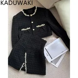 Small Fragrant  Pearl Buttons Short Tweed Coat Women + Autumn Winter Luxury Diamond Tweed Skirt Women Elegant Two Piece Set