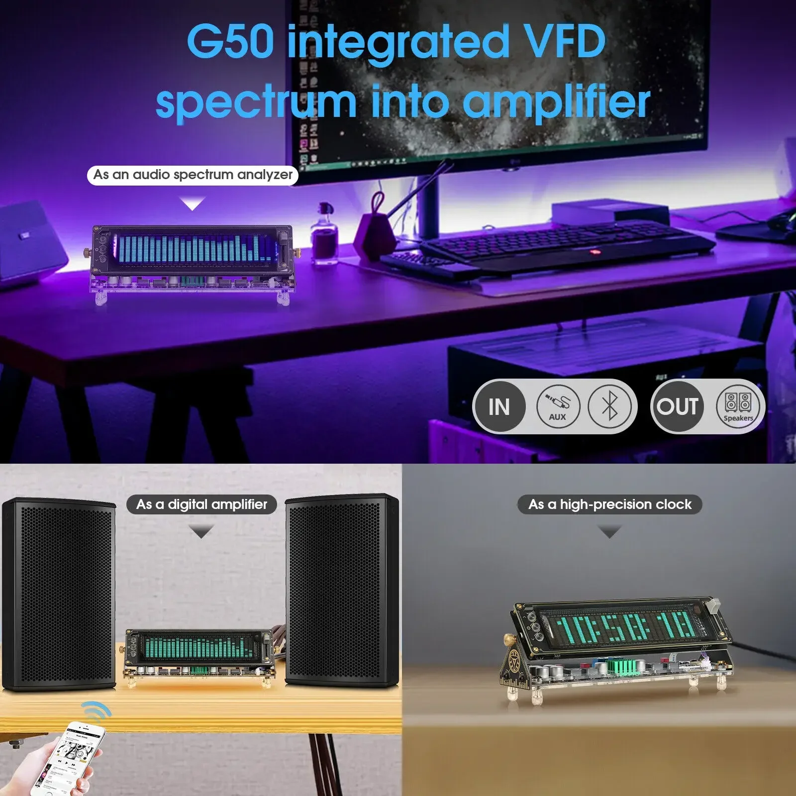 G50 HIFI Bluetooth 5.0 Stereo Digital Amplifier VFD Audio Spectrum Analyzer Speaker Receiver Power Amp Desktop Clock