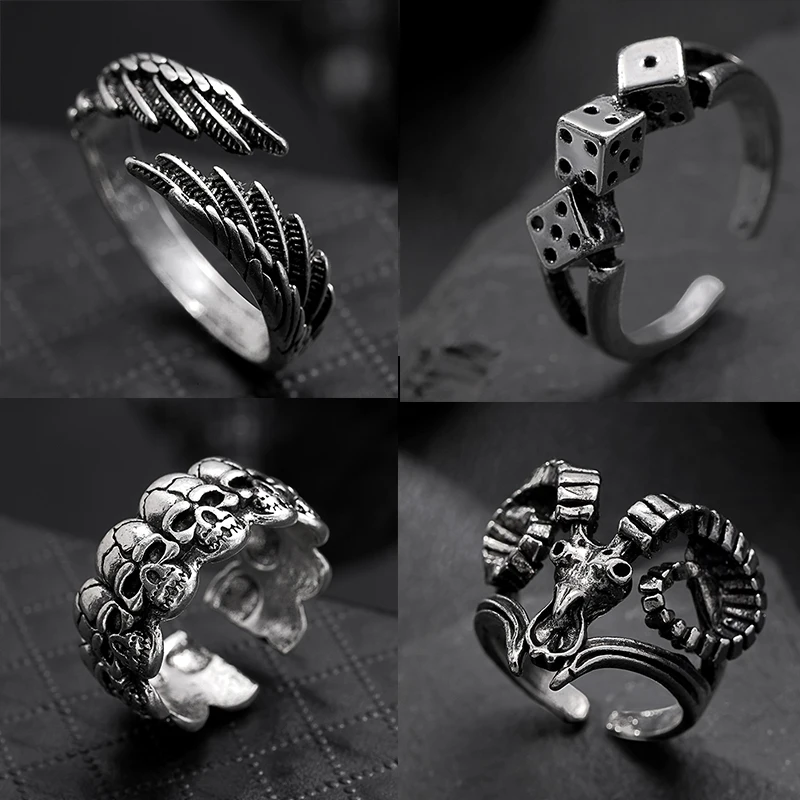 Vintage Gothic Metal Rings for Women Men Geometric Retro Wings Skull Dice Demon Sheep Head Personality Ring Trendy Jewelry Gift