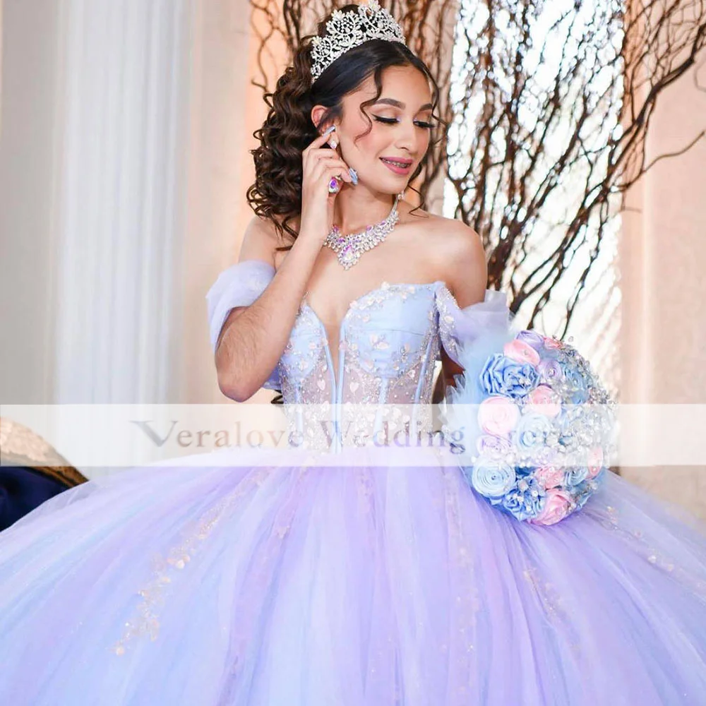 Vestidos Quinceanera roxos claros com apliqueados fora do ombro, vestidos de festa, princesa menina, 15 anos