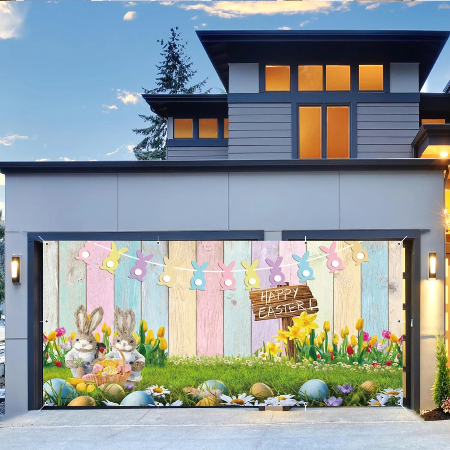 عيد الفصح باب المرآب الديكور سعيد عيد الفصح غطاء باب المرآب كبير أرنب عيد الفصح البيض الربيع زهرة في الهواء الطلق ديكور الحفلات الخلفية