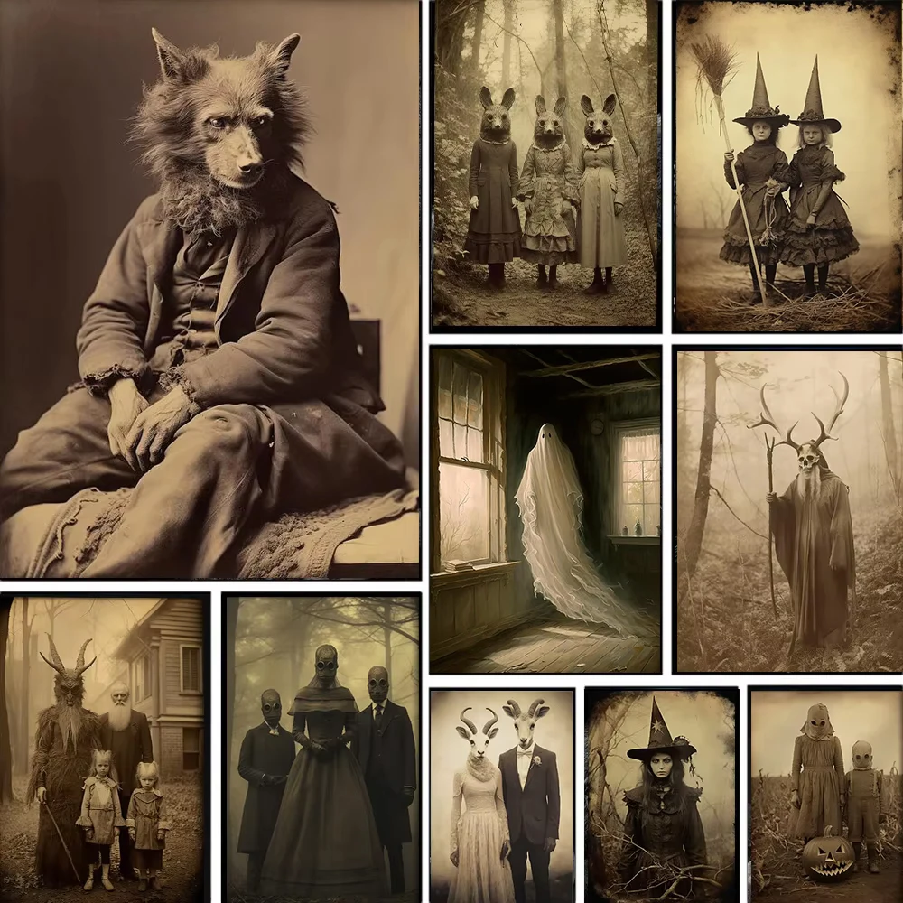 (1pc frameless)Dark Academy Art Canvas Poster Halloween Gothic Ghost Witch Monster Devil Wall Art Prints for Modern Living Ro