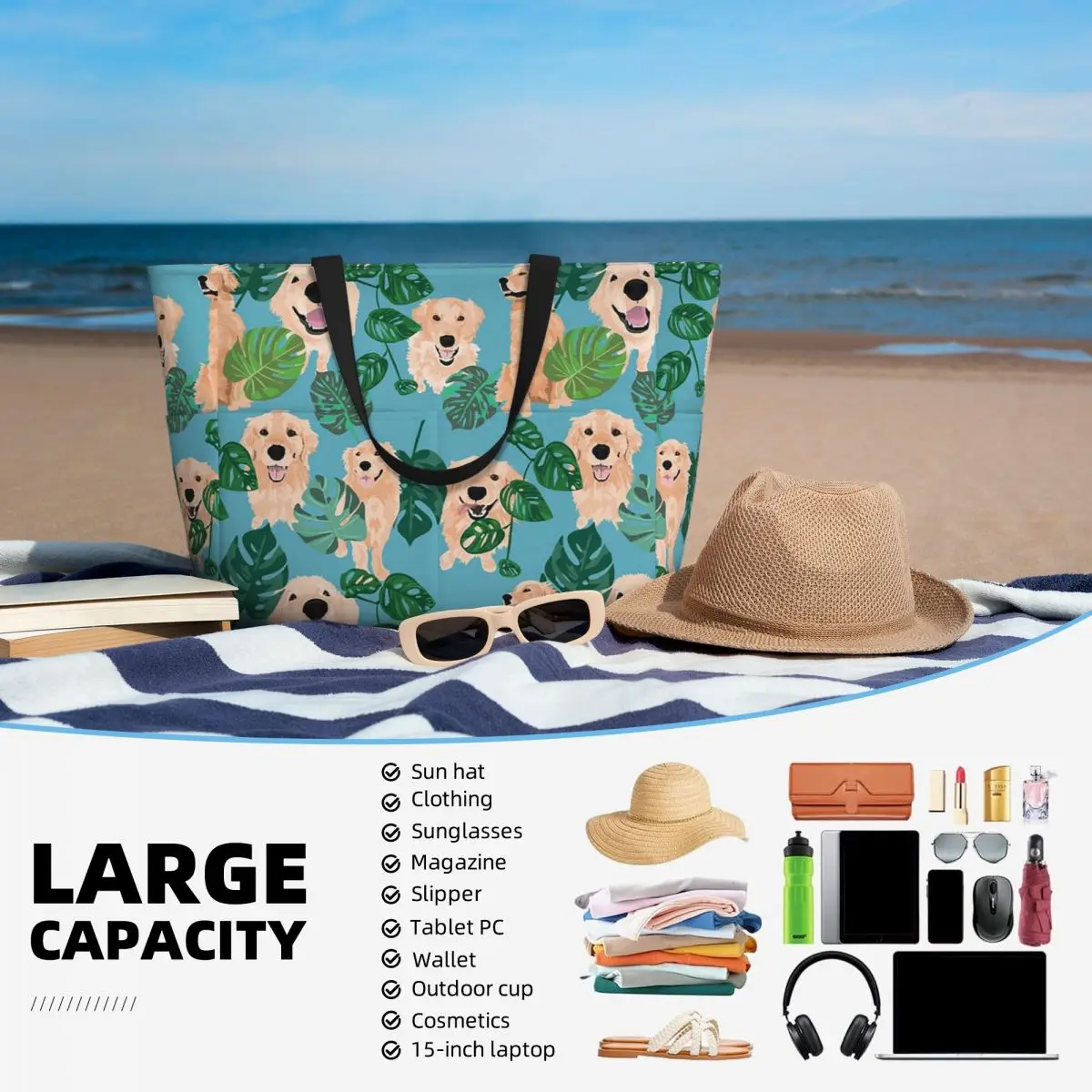 Golden Labrador Retriever Dog Tropical Beach Tote Bag Sport Gym Yoga Duffle Large Tote Bag Women Travel Bag Fitness bag