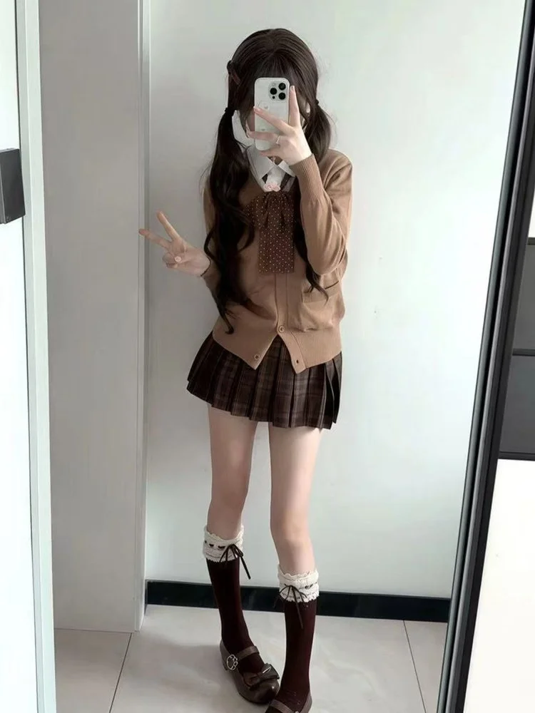 

Оригинальный коричневый вязаный свитер Jaet Caramel Layering Set JK orm Autumn Winter School orm Sle Полиэфирная ткань Lon...