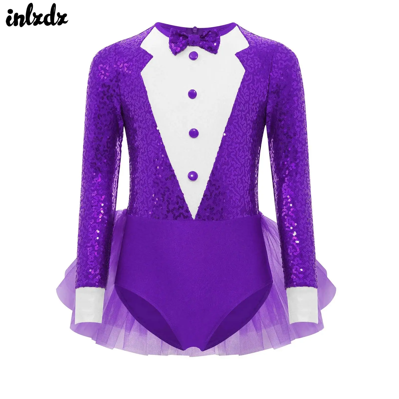 

Kids Girls Jazz Ballroom Dance Performance Costume Long Sleeve Invisible Zipper Bodysuit Bodice Tulle Skirted Leotard Dress