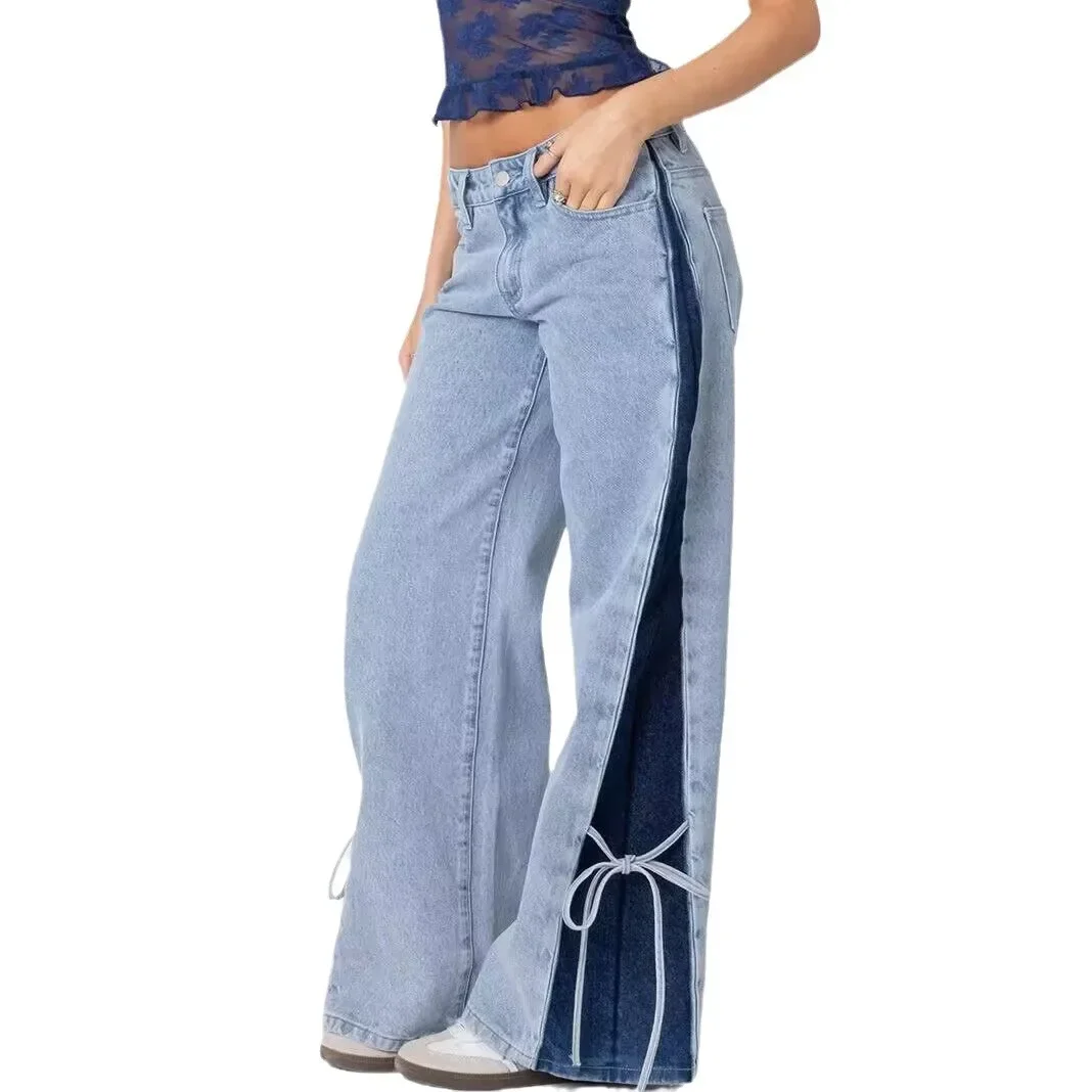 Denim Wide Leg Pants Women Jeans Patchwork Lace Up Washed Distressed Pockets 2026 Streetwear Straight Trousers Floor Length