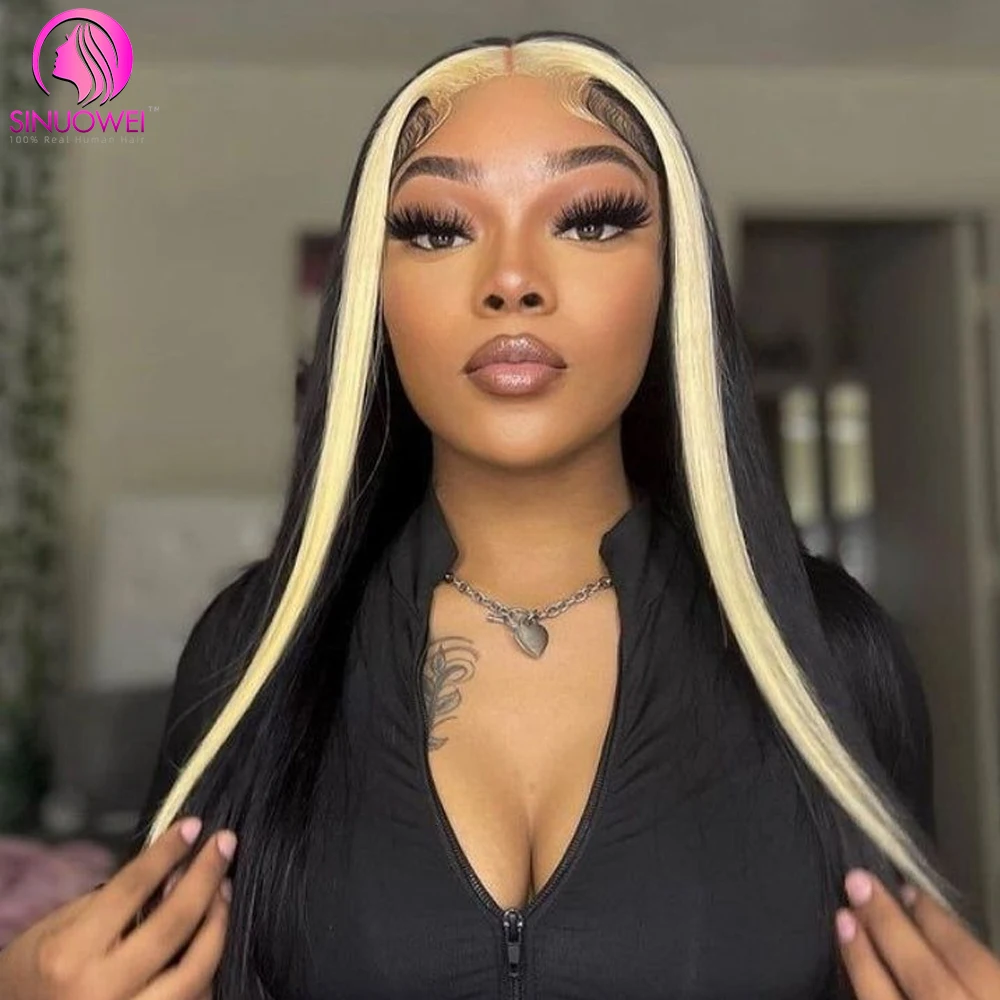 Highlight Blonde Wig 13x4 Lace Frontal Stripe Wig Natural Black with 613 Blonde Color Highlight Straight Hair Lace Front Wigs