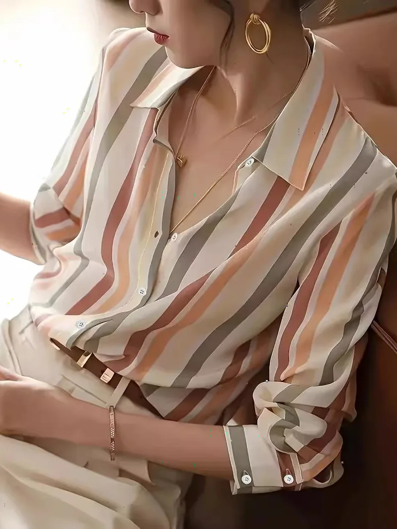 

Ele Striped Color Blo Long Sve Loose Collar Women's irt Faionable Polka Dot Print Polyester Fabric Girls' irt