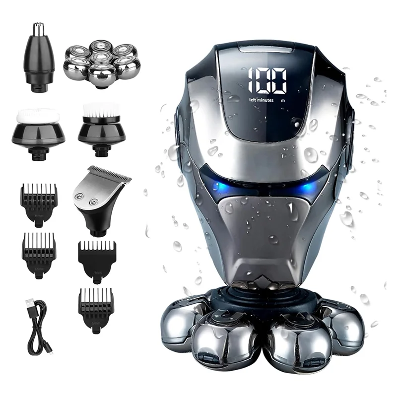 FGGS-Electric Head Shaver,5 In 1 Head Shaver With Nose Hair, Sideburns Trimmer,Face Brush 7D Rotary Shaver With LED Display Dura