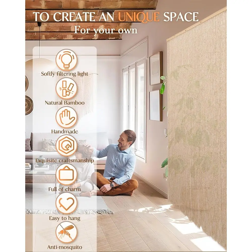Natürlicher Boho-Perlenvorhang, 35,5 x 79, handgefertigte Bambus- und Holzperlen, Raumteiler und Insektenschutz, Beige