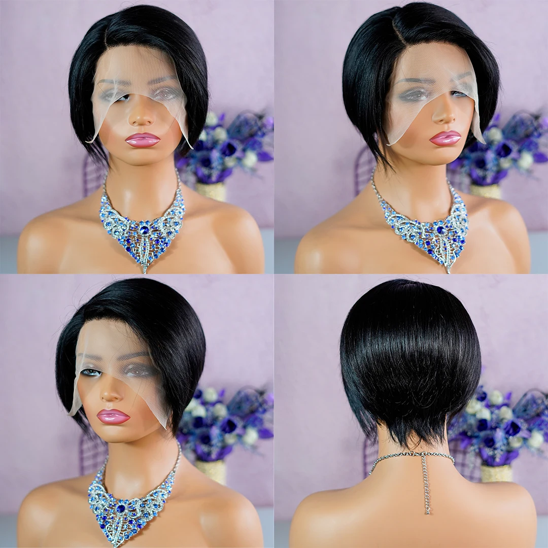 Short Straight Pixie Cut Bob Afro Wigs Remy Human Hair Wigs 8inches Side Part HD Transparent Lace Wig for Black Women Brazilian