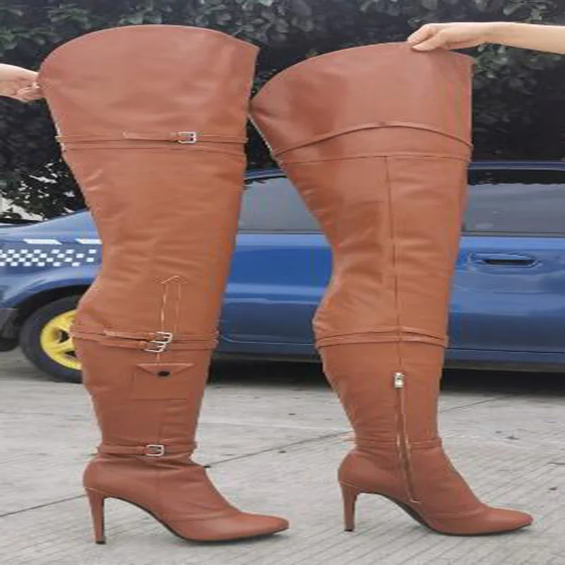 New Women Sexy Brown Matte Leather Extra Long Small Belt Buckles Slim Over The Knee Boots Stiletto Heels Thigh Boots Shoes Lady