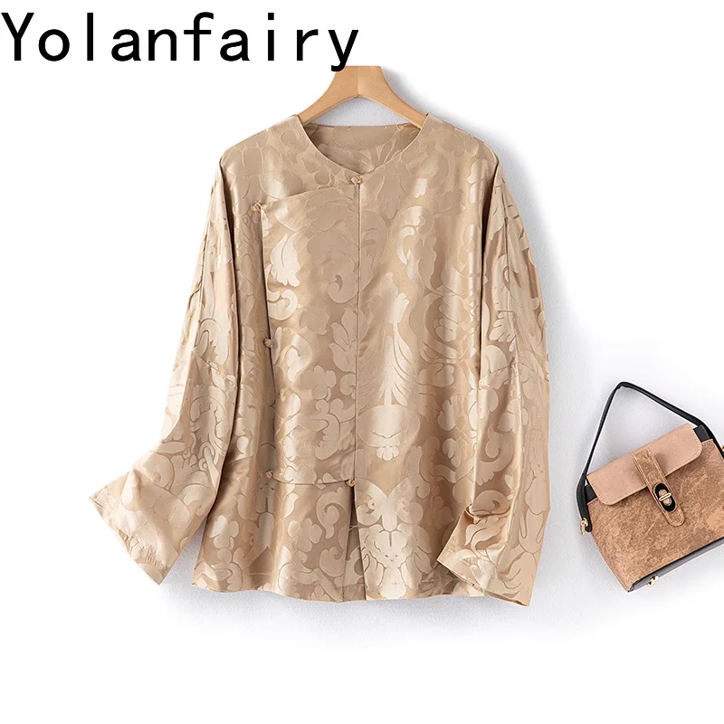 

YOLANFAIRY High-end 100% Genuine Mulberry Silk Shirt for Woman Elegant Long Sleeve Shirts Top Song Brocade Retro Women Shirts