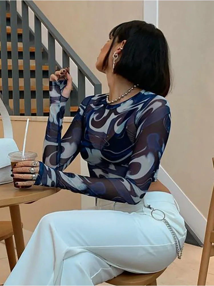 Top corto in rete femminile alla moda con stampa trasparente girocollo T-shirt a maniche lunghe Pullover Top sexy Y2K Harajuku Streetwear