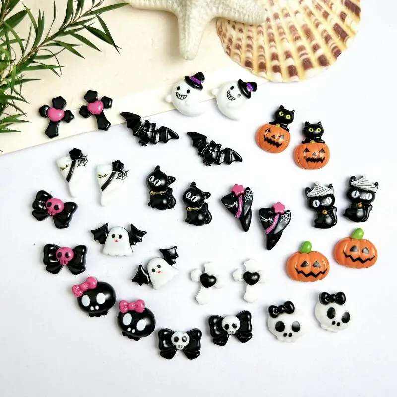 10PCS Cartoon Funny Ghost Pumpkin Monster Nail Charms Cute Bow Skull Cat Resin Nail Art Decorations for DIY Hallowween Nails image 4