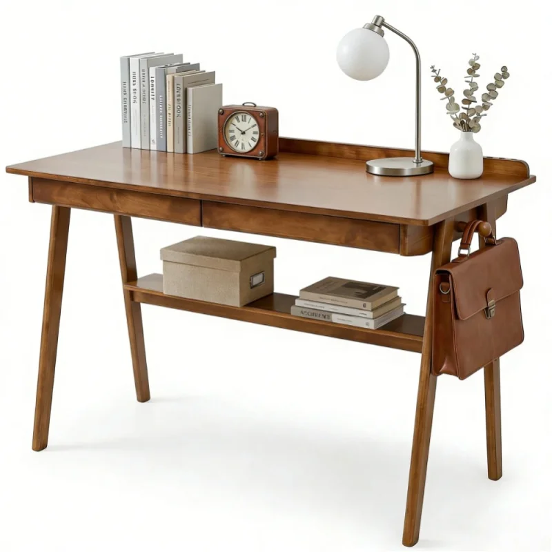 Massivholz-Schreibtisch im Mid-Century-Modern-Stil, kompakter Schreibtisch für das Home Office in kleinen Räumen, ausgestattet mit 2 Aufbewahrungsschubladen, offenem Ablagefach und multifunktionalen