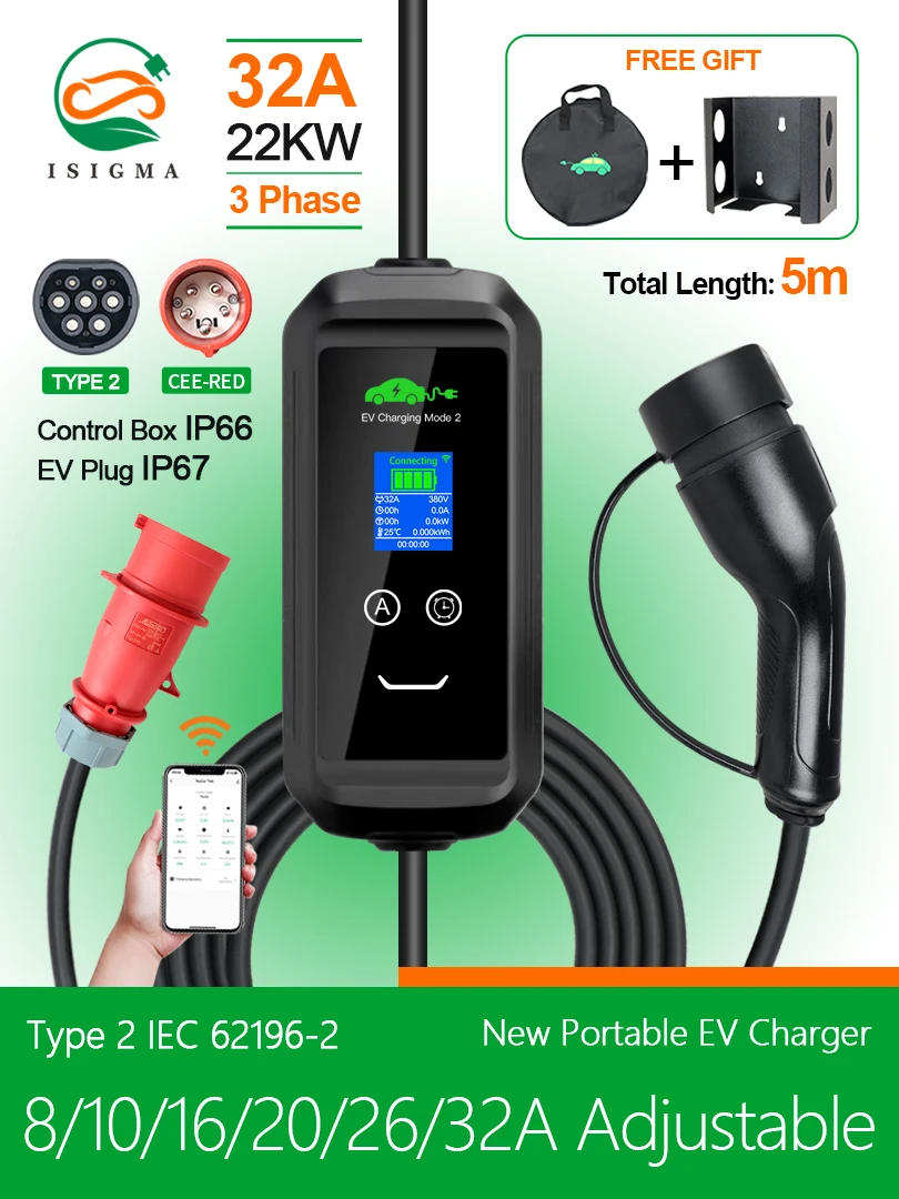 ISIGMA 32A 22kW Typ2 Tragbares EV-Ladegerät Tuya APP Timer EVSE-Ladestation IEC62196-2 Stecker Wallbox für Elektroautos Gesamt 5M