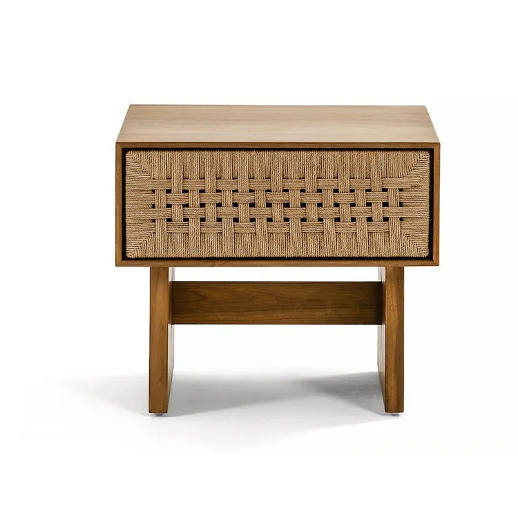 Rattan rope woven log bedside table Nordic oak black walnut bedside table wabi sandy wind pure solid wood retro wind edge few