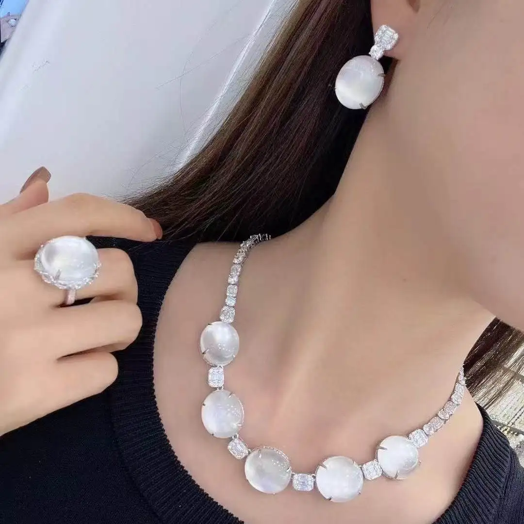 925 sterling silver jewelry set necklace earring and ring watermoss jade cabochon light luxury elegant oval gemstone gift
