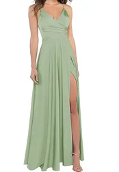 Mint Green Women's A-Line Bridesmaid Dresses for Wedding Formal Satin Spaghetti Strap Prom Dress Long Side Split Evening Gowns