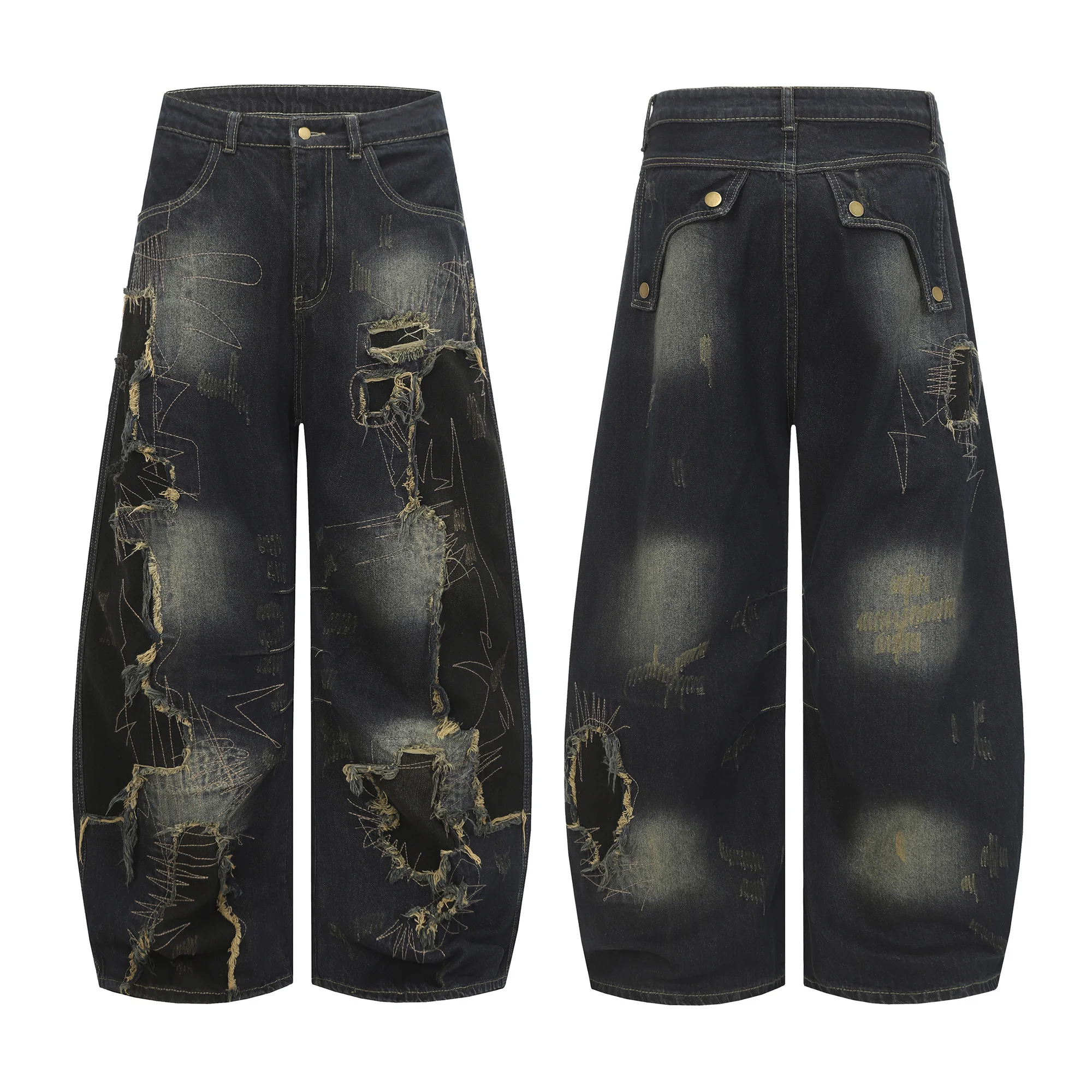 

American Fashion Heavy industry made old holes classic street wear with stroke embroidered trousers