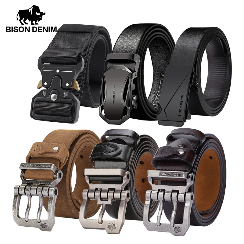 BISON DENIME Men's Belt Fashion Vintage & Genuine Leather Strap Luxury Pin Buckle Automatic Buckle Male Jeans Belt