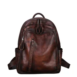 Large Capacity Knapsack For Women Vintage Rivets Packsack Genuine Leather Lady Backpack Retro Big Backpack Solid Color Rucksack