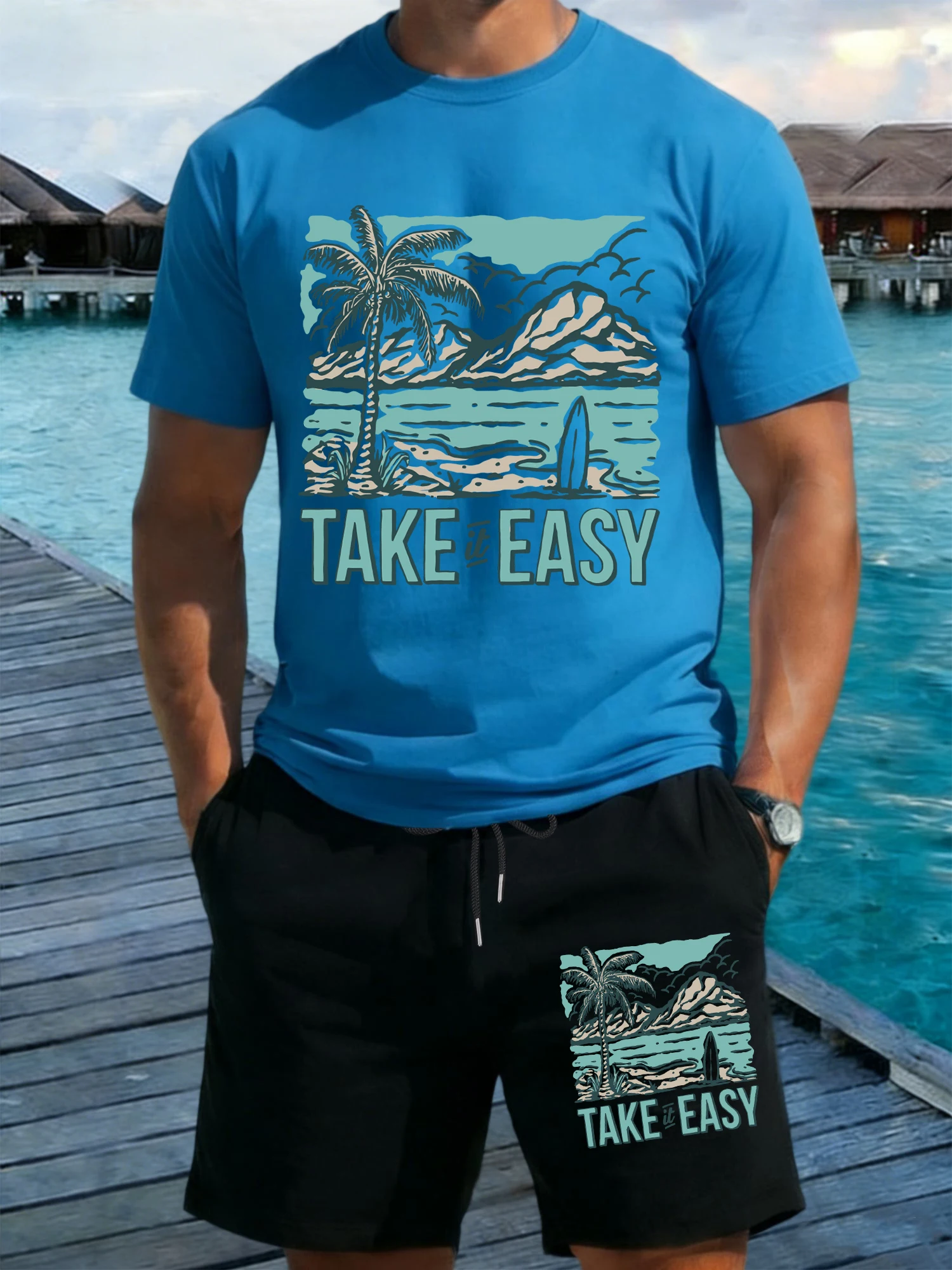

Take It Easy Beach Coconut Trees Print Men T-Shirt Set Summer Wide-Leg Shorts Cotton Crewneck Streetwear Drawstring T Shirts