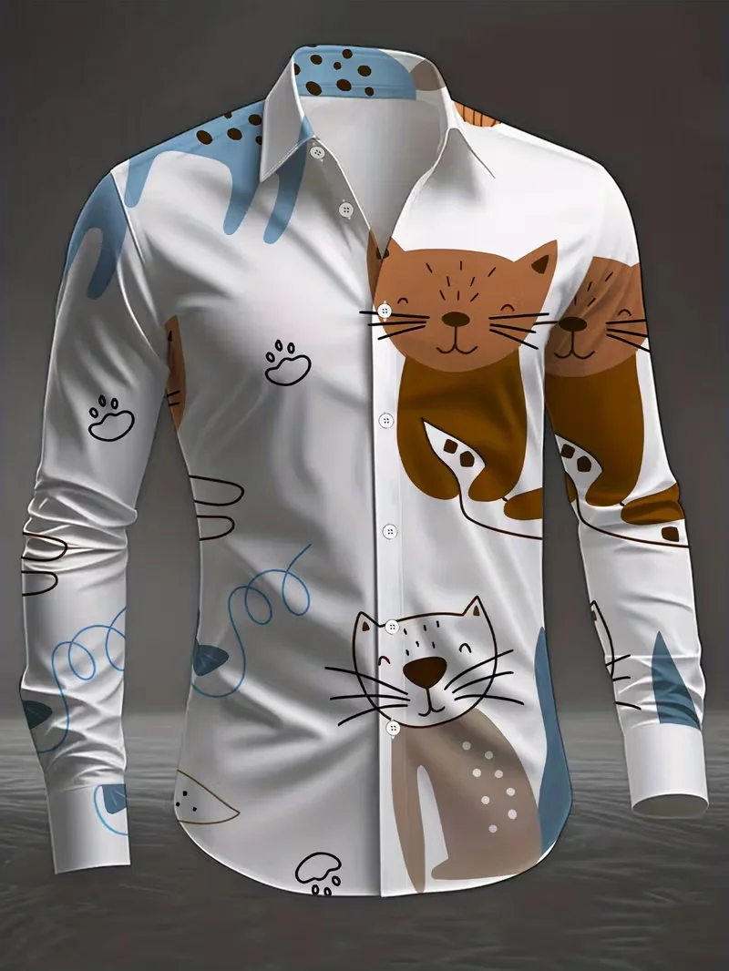 New men's long sleeved shirt with 3D cat print, casual, fashionable and comfortable, suitable for daily wear