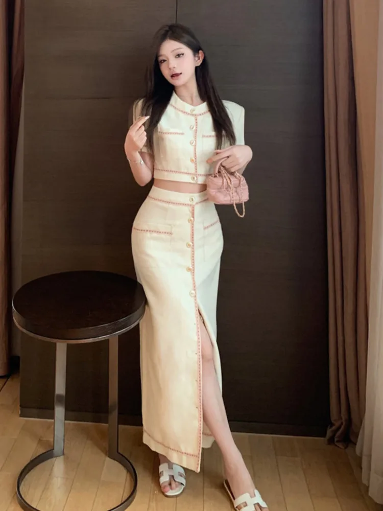 

High Quality Small Fragrance 2 Piece Set Women Short Jacket Coat + Long Skirt Sets Lady Summer Vintage Fashion Two Piece Suits