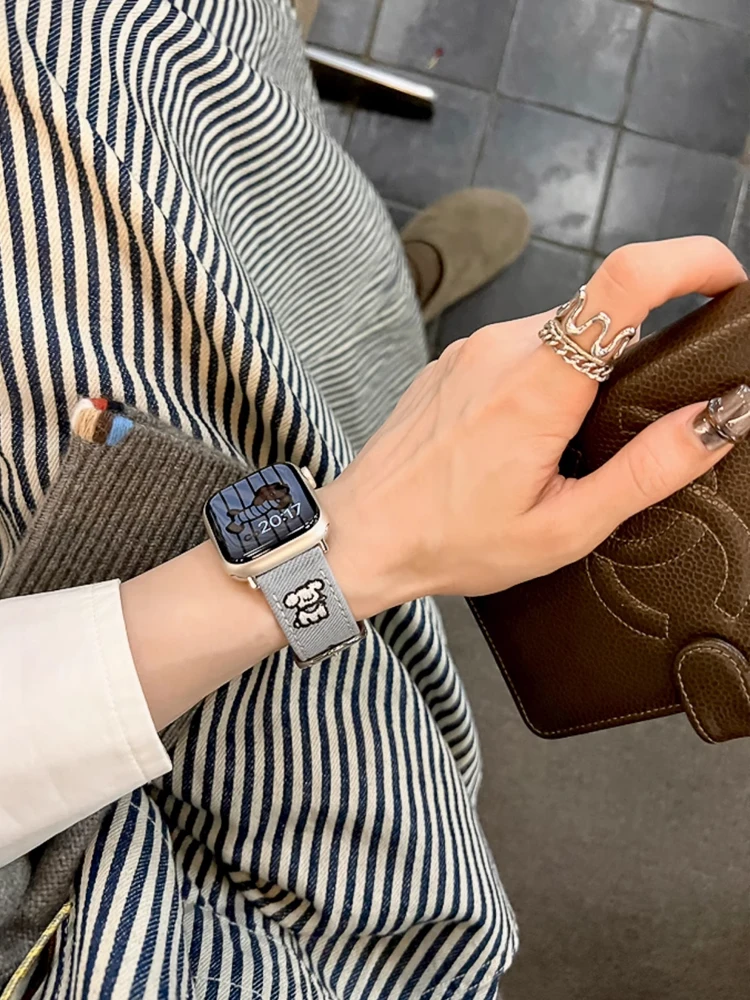 Cinturino in pelle cucciolo carino per iWatch Ultra 10 9 8 7 6 5 SE 4 cinturino in denim per Apple Watch 41mm 40 38mm 49mm 42mm 45mm 46mm