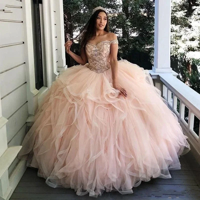 

Fashion Organza Ball Gown Quinceanera Dresses Off Shoulder Sparkly Crystals Sweet 16 Birthday Vestido 15 Anos Princess Party