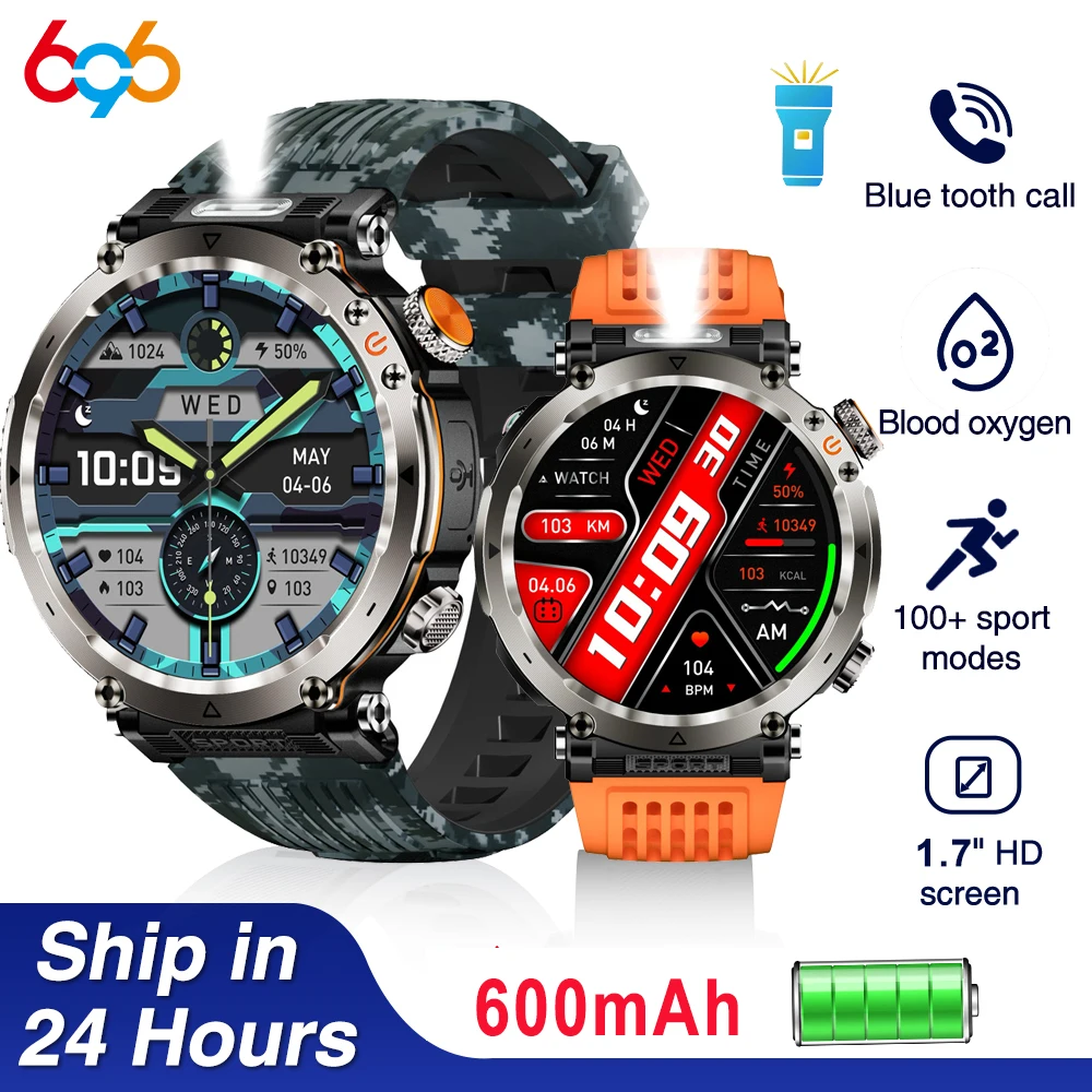 Military GPS Waterproof Smart Watch Original Design For Men 600mAh Blue Tooth Call Health Monitor With LED Flashlight 100+ Sport