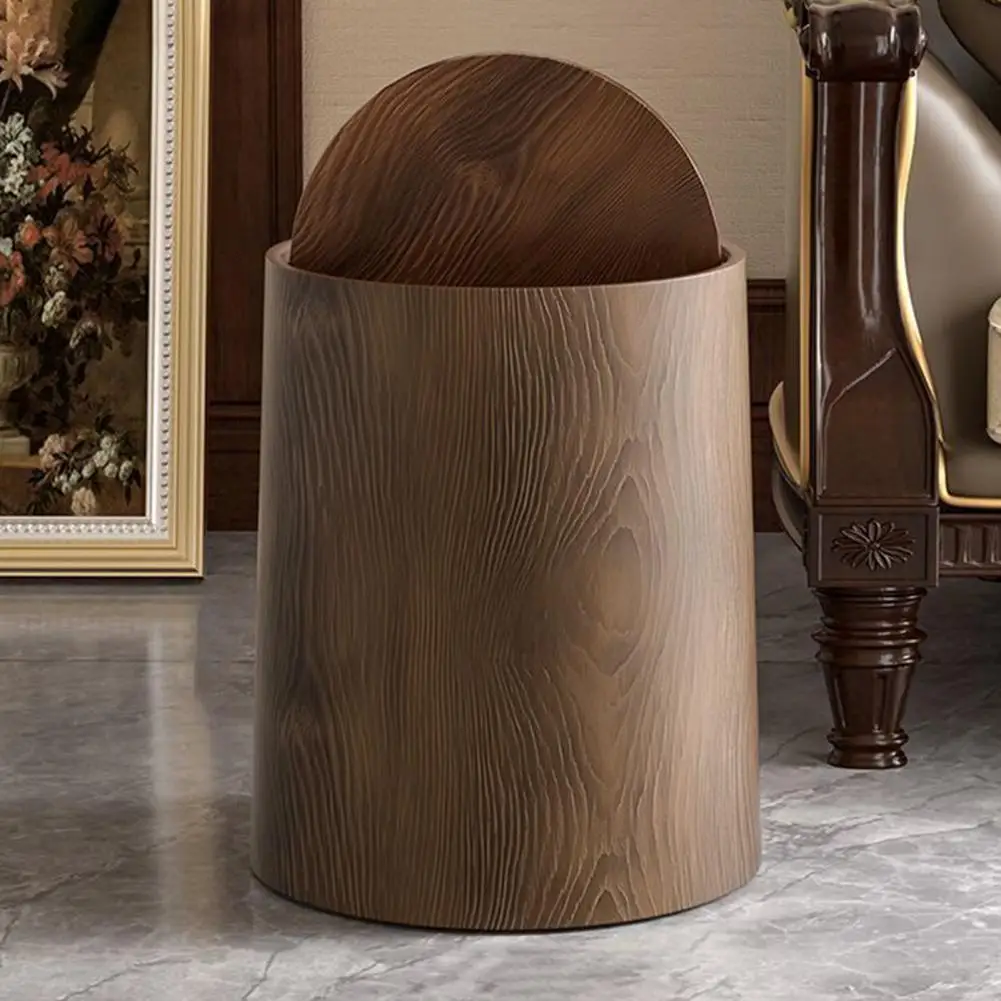 Wood Grain Bathroom Garbage Can With Swing Top Lid Large Capacity Rotating Design Detachable Waste Bin Dustbin