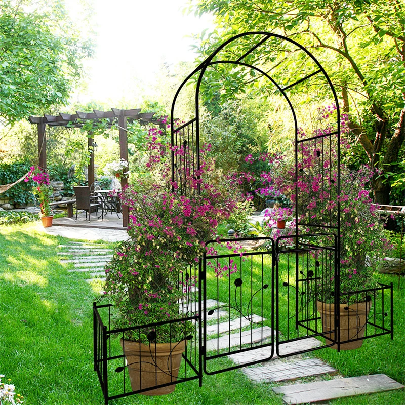 Metal Garden Arch with Door 79.5x86.6in Climbing Plant Support Rose Arch Outdoor Black Suitable for Outdoor Weddings Decorations