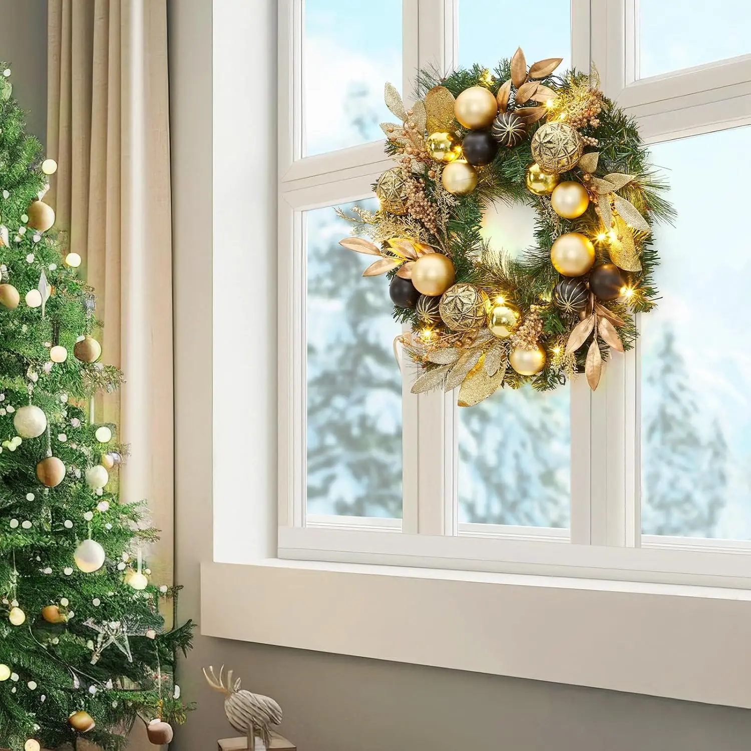 Garvee 24 Inch Christmas Hanging Wreath with Black Gold Ball Ornaments Wall-Mounted Plastic Xmas Decor For Front Door Indoor Outdoor Holiday Decor 20 Warm White LED Lights, 8 Lighting Modes & 6-Hour Timer