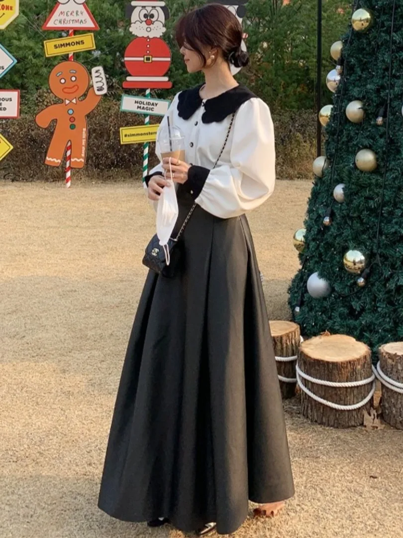 

High Waist PU Leather f Skirt Women's 3D Design Large Umbrella Swing A-Line Midi Skirt Korean Sle Pleated Skirt