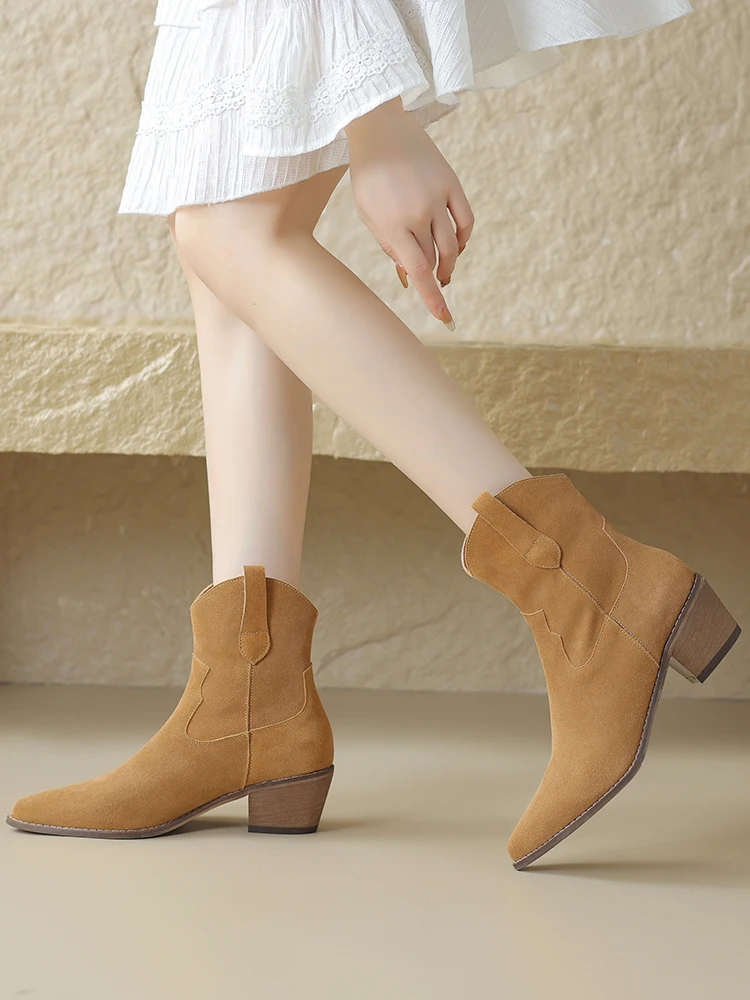 Western Boots Women Cow Suede Fashion Skin Lining Pointed Toe Ladies Street Sewing Boot Khaki Brown 5cm Block Heeled Ankle Boots