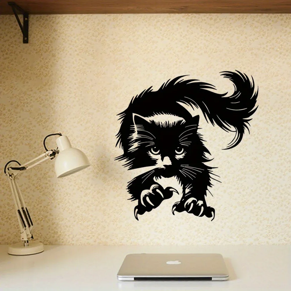 Metal Black Cat Wall Art Decor Fierce Kitten Silhouette Cutout Sign Weatherproof Hanging Ornament for Home Living Room