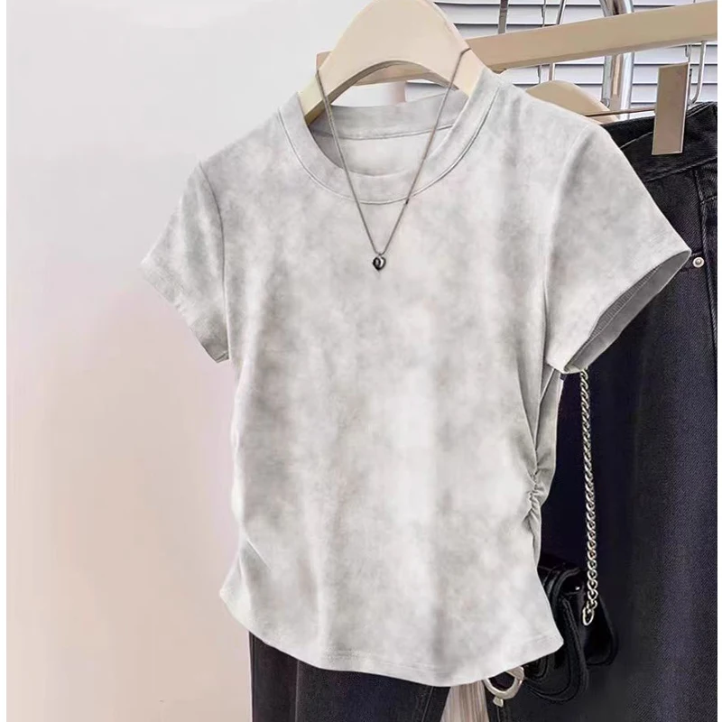 Dyeing Printing Cotton O Neck Sexy Women’s Short Sleeve T Shirt Summer Tops Tee Casual Skinny Slim Pullover Street Y2k Clothes