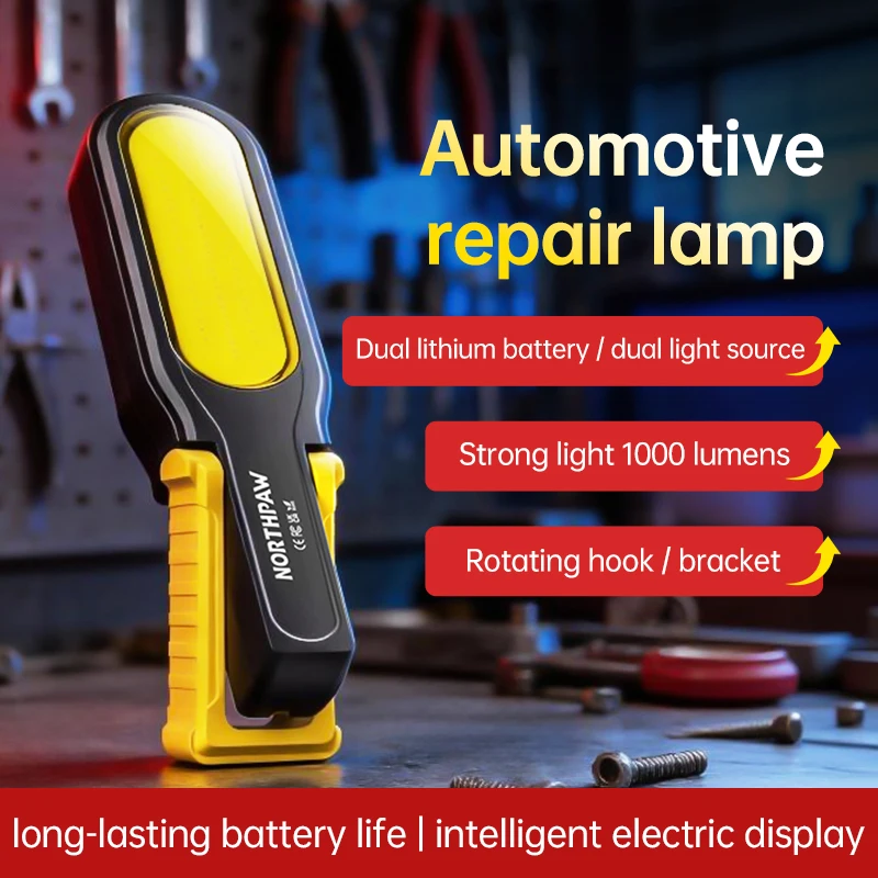 A G02 Work Light with 77 Cob Light Beads, High Brightness, Portable Work Light with Three Magnetic Attachments, Dual Hook Design on the Back, Built-In Large-Capacity Lithium Battery, Suitable for Maintenance, Disaster Recovery, Emergency Lighting, Camping, Fishing, and a Must-Have Gift