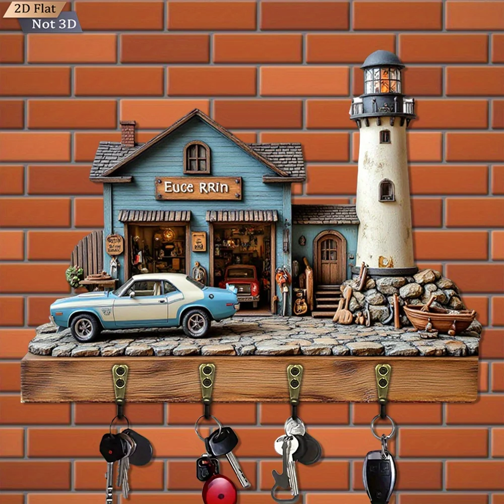 2D Flat, 1pc, Lighthouse Garage Vintage Key Hook Wooden Multi-Function Home Key Hanger with Four Metal Hooks, Suitable for Wall