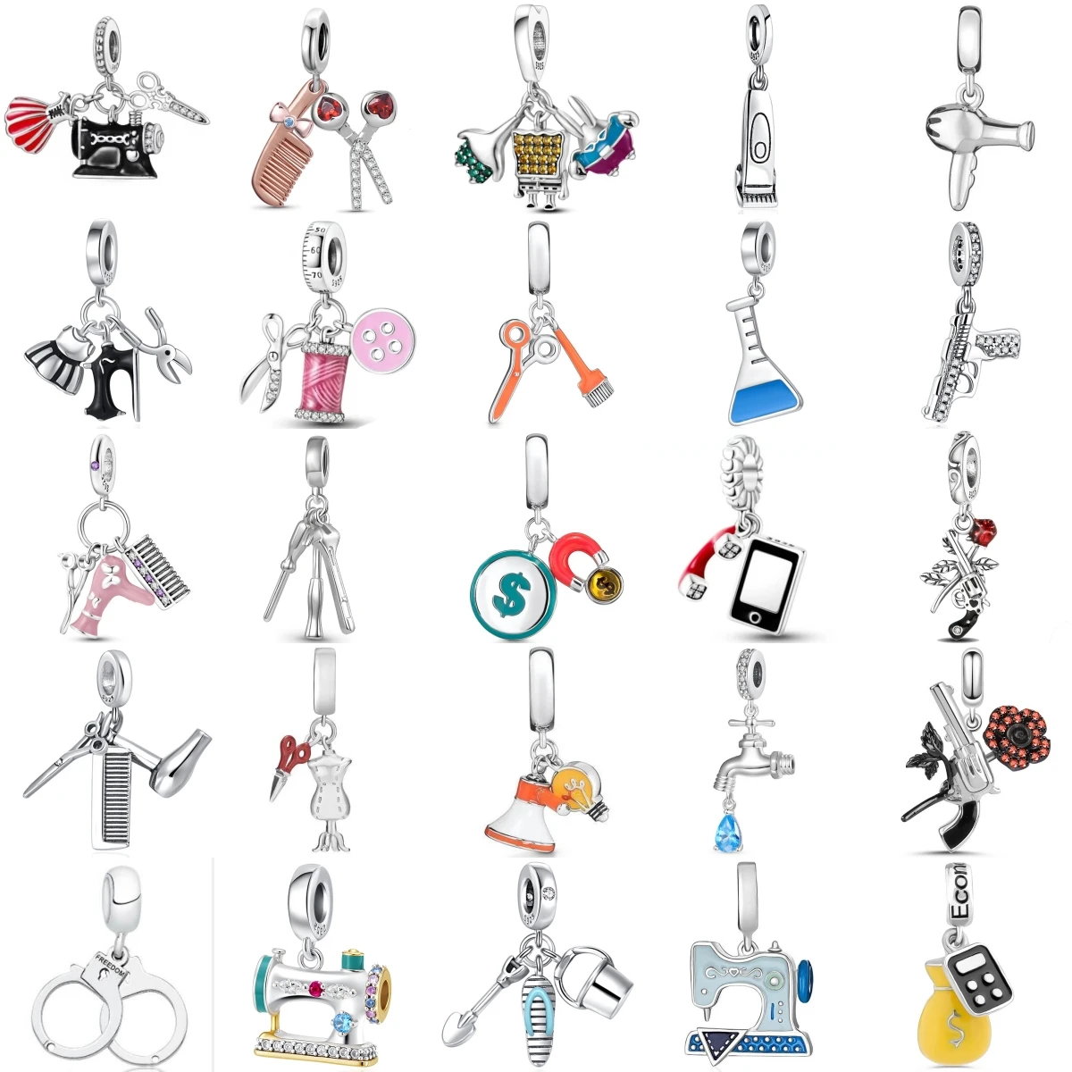 925 Sterling Silver Salon Sewing Tool Dangle Charms Hair Dryer Scissors Sewing Machine DIY Jewelry Gift For Women Girls