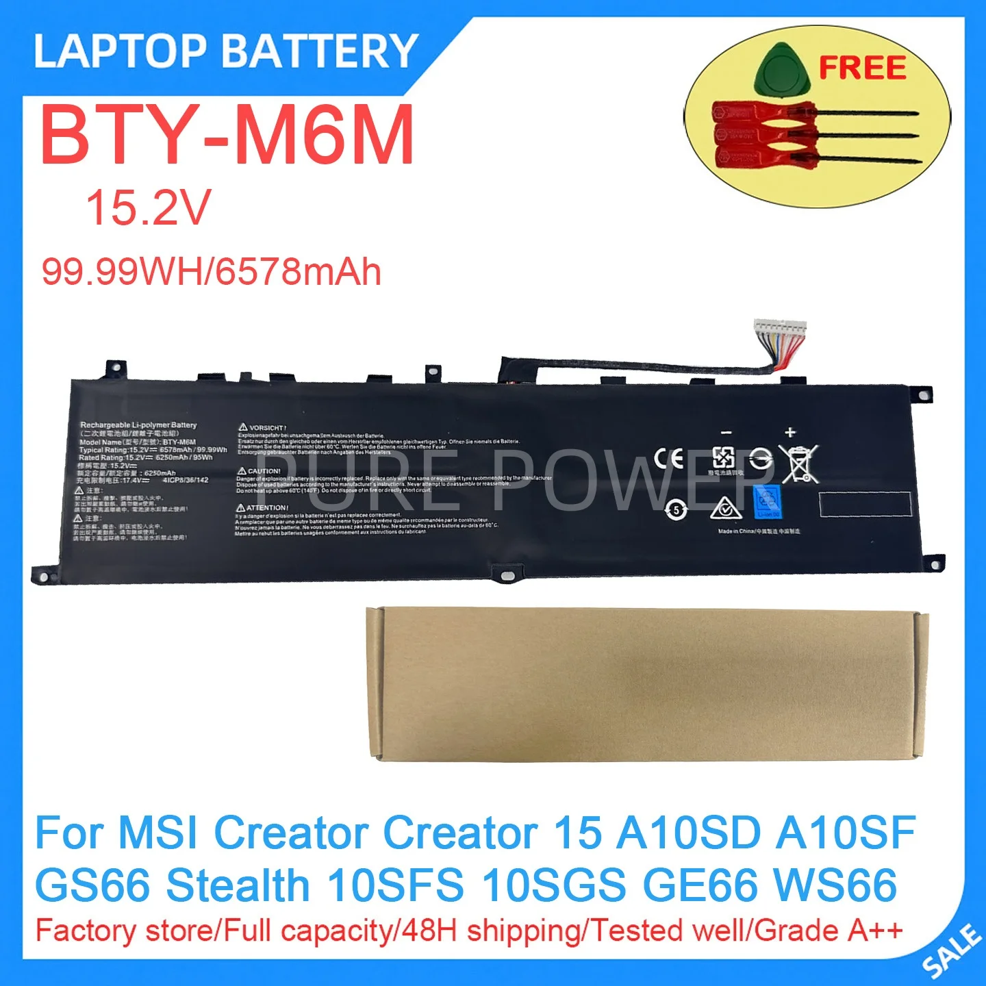 New Laptop Battery BTY-M6M 15.2V 99.99WH 6578mAh High Quality For MSI Creator Creator 15 A10SD A10SF GS66 Stealth 10SFS 10SGS