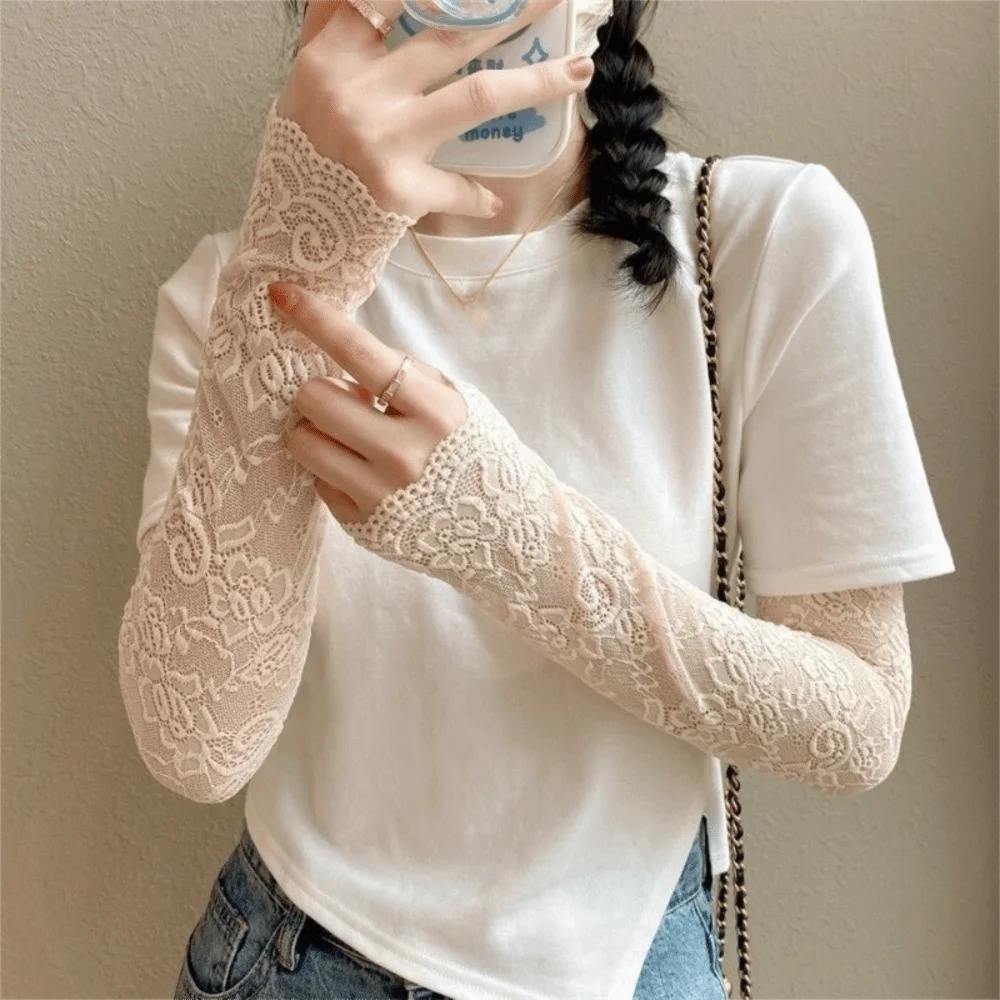 Mesh Lace Sun Protection Arm Sleeves Elastic Sleeve Floral Embroidery Floral Lace Arm Sleeves Breathable