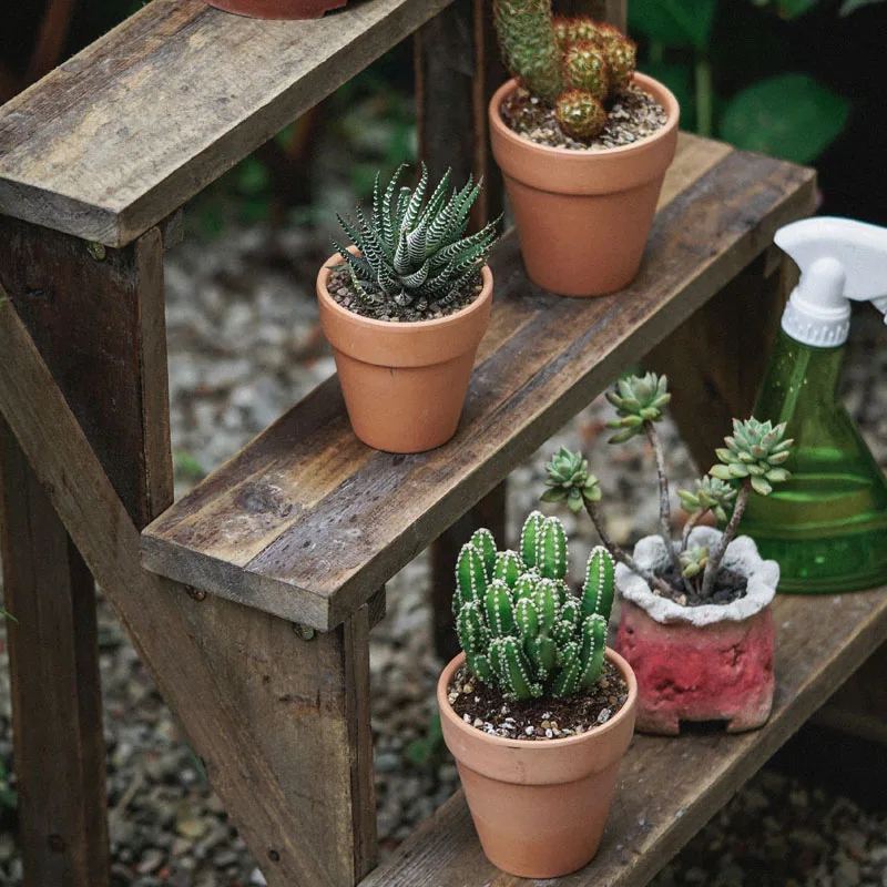 Wooden retro garden three-layer small flower rack trapezoidal storage rack