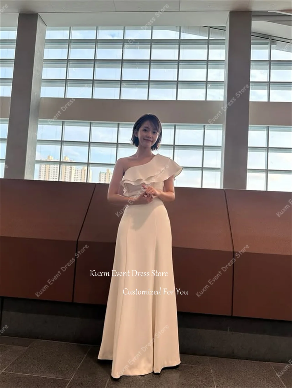 Kuxm Strapless A Line Korea Wedding Dress One Shoulder Satin Bridal Gown Photo Shoot Floor Length Robe De Mariée Customized