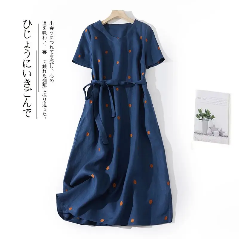 2024 New Linen Vintage Print Polka Dot Dress Women Summer Short Sleeve Cotton Loose Casual Midi Dress Sundress Vestidos F207